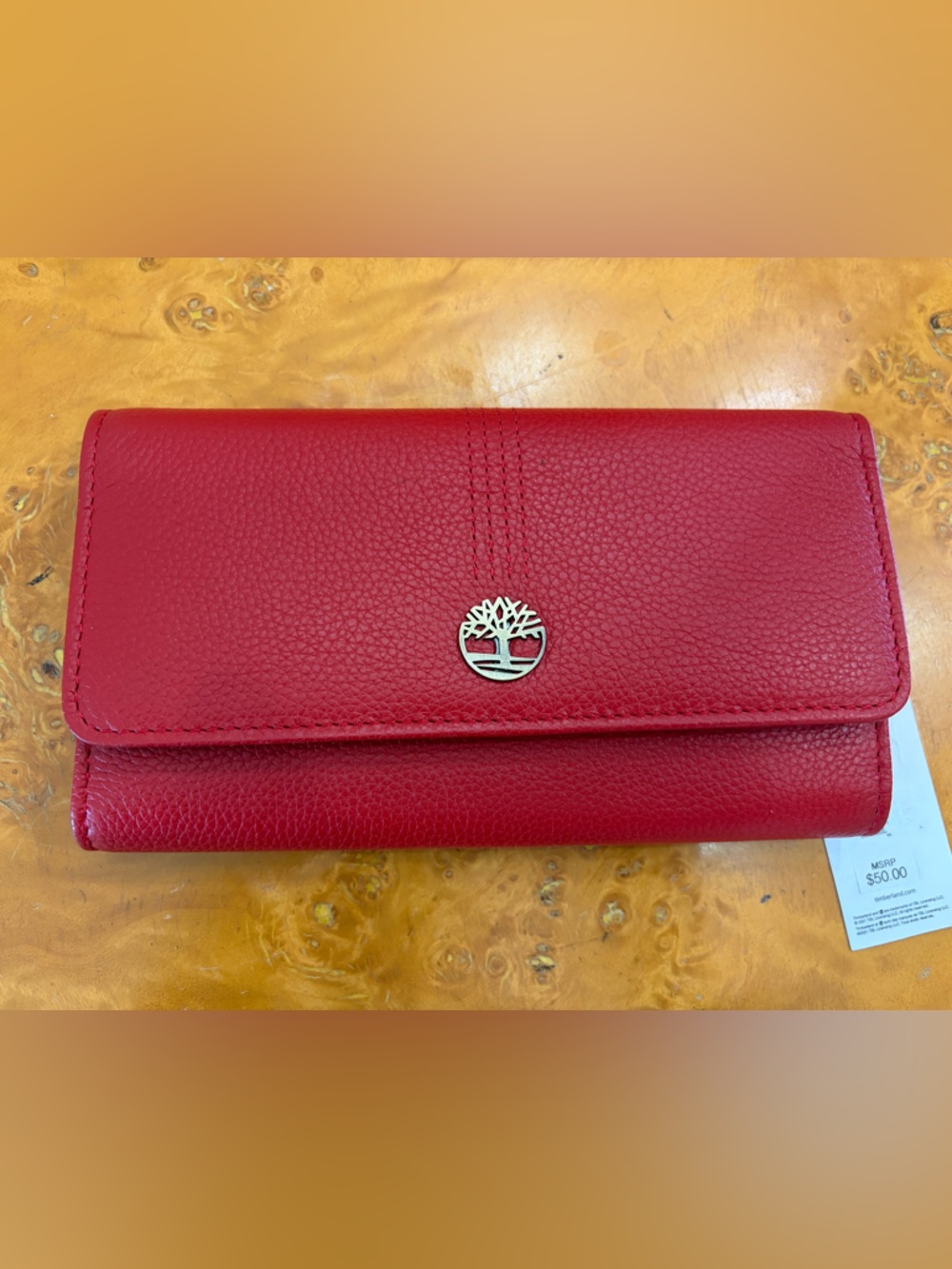 Timberland Red Leather Wallet with Silver Tree Emblem